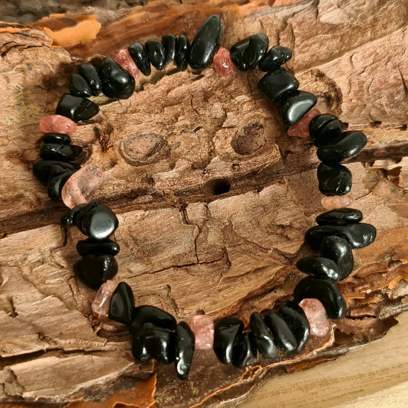 Náramek - zlomky - Jahodový křišťál, Čený obsidián 1